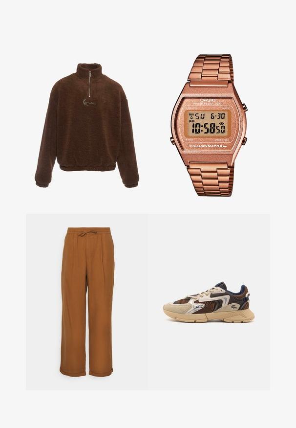 Pullover in pile marrone con colletto alto, zip frontale a metà e maniche lunghe. Presenta un logo bianco sul petto. Tessuto morbido e testurizzato.; Pantaloni di lino marroni con vestibilità ampia, vita elasticizzata, laccio regolabile e due pieghe frontali per un tocco di texture. Cuffie arrotolate all'orlo.; Sneaker beige e marrone con pannelli in mesh testurizzati, accenti in suede e suola in gomma. Presenta un design con lacci e dettagli brandizzati.; Orologio digitale Casio con cinturino in metallo rosa dorato, cassa rettangolare, display illuminato e resistenza all'acqua, che mostra l'ora e la data.