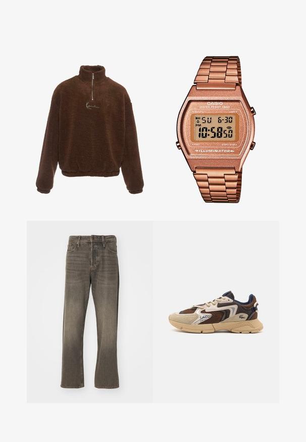 Hnědý fleecový pulovr s vysokým límcem, s polo zipem vpředu a dlouhými rukávy. Má bílé logo na hrudi. Měkká, strukturovaná tkanina.; Hnědé džíny ze denimu se středním střihem, s vybledlou texturou, tradičním pětivreckovým designem a kovovým zapínáním.; Béžové a hnědé tenisky s texturovanými síťovinovými panely, akcenty z semiše a gumovou podrážkou. Mají šněrovací design a značkové detaily.; Digitální hodinky Casio s kovovým řemínkem v růžovém zlatě, obdélníkovým pouzdrem, podsvíceným displejem a vodotěsností, zobrazující čas a datum.