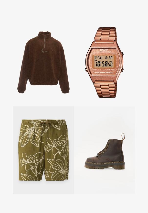 Pullover in pile marrone con colletto alto, zip frontale a metà e maniche lunghe. Presenta un logo bianco sul petto. Tessuto morbido e testurizzato.; Pantaloni corti in lino verde oliva con ricami floreali bianchi, dotati di una vita elastica e cordoncino per una vestibilità regolabile.; Stivale alla caviglia in pelle marrone con punta tonda, cuciture gialle a contrasto, occhielli decorativi in metallo e suola in gomma scanalata.; Orologio digitale Casio con cinturino in metallo rosa dorato, cassa rettangolare, display illuminato e resistenza all'acqua, che mostra l'ora e la data.