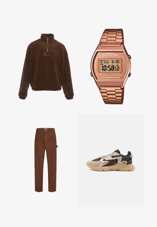 Hnědý fleecový pulovr s vysokým límcem, s polo zipem vpředu a dlouhými rukávy. Má bílé logo na hrudi. Měkká, strukturovaná tkanina.; Hnědé manšestrové kalhoty se rovnýcm střihem, uzavřením na předním knoflíku a jedním postranním detailem. Tkanina má měkký, strukturovaný povrch.; Béžové a hnědé tenisky s texturovanými síťovinovými panely, akcenty z semiše a gumovou podrážkou. Mají šněrovací design a značkové detaily.; Digitální hodinky Casio s kovovým řemínkem v růžovém zlatě, obdélníkovým pouzdrem, podsvíceným displejem a vodotěsností, zobrazující čas a datum.