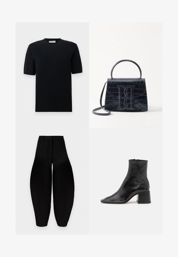 Juodas trumpomis rankovėmis megztinis su ribota apykakle ir apačia, pagamintas iš lygaus megztinio audinio, klasikiniu, aptemptu siluetu.; Juodos platesnės kelnes su aukštu liemeniu, raukšlėtu priekiu ir siaurėjančiais kulkšniais. Pagamintos iš lygios medžiagos su matinėmis savybėmis.; Juodas odinis kulkšninis batas su smailiu priekiu, matinio paviršiaus ir masyviu kvadratiniu kulnu. Yra užtrauktukas gale.; Juodas krokodilo rašto odinis rankinės krepšys su struktūruotu dizainu, viršutine rankena, reguliuojamu dirželiu ir išsiskiriančiu priekinio logo detale.