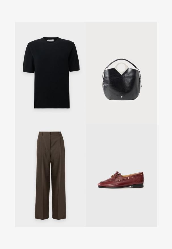 Černý pletený svetr s krátkým rukávem a kulatým výstřihem. Má hladkou strukturu a žebrované manžety a lem. Minimalistický design, bez vzorů nebo akcentů.; Hnědé kalhoty s širokými nohavicemi a hladkým texturou, s vysokým pasem, předními záhyby a přizpůsobeným střihem. Žádné viditelné kapsy ani ozdoby.; Burgundské kožené lodní boty s kulatou špičkou, šněrovacím designem, zlatými očky a nízkou černou podrážkou. Hladký povrch s detailem prošívání.; Černá kožená taška s zakřiveným tvarem, kulatým horním madlem a stříbrným logem. Hladká textura a výrazný výřez v designu.