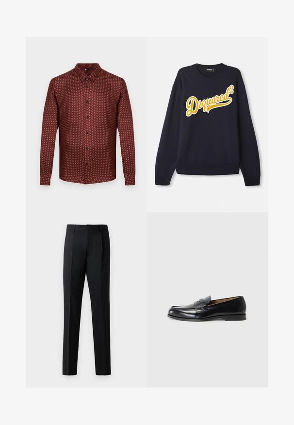 Námořnický svetr vyrobený z měkké tkaniny, s velkým žlutým vyšitým logem "Dsquared²" na přední straně, žebrovaným límcem, manžetami a lemem.; Bordová košile s dlouhým rukávem, z texturované látky, s vzorem puntíků v krémové barvě. Obsahuje tradiční design límce.; Černé formální kalhoty vyrobené z hladké látky, s rovnými nohavicemi, předními sklady a standardním pasem bez ozdob.; Kožené mokasíny v černé barvě s hladkým povrchem, kulatou špičkou, dekorativním prošíváním a malým kovovým detailem na přední straně.
