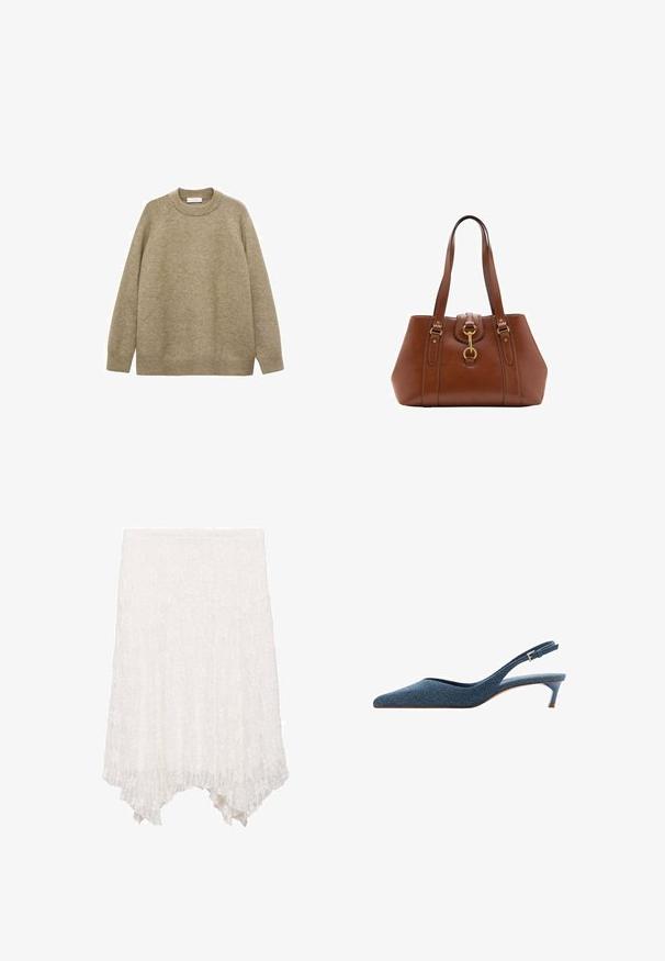 Beige sweater made of textured knit fabric, featuring a crew neckline, long raglan sleeves, and ribbed hem and cuffs.; Lace skirt in white with a layered design, featuring a floral pattern and an asymmetrical hem that is shorter in the front and longer in the back.; Denim slingback heels with a pointed toe and a low, slender heel. Features a textured fabric in dark blue and a sleek, streamlined design.; Brown leather handbag with dual straps, a rounded shape, gold hardware, and a central buckle detail. Smooth texture with stitched accents.