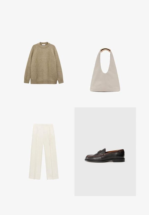 Pulover bej dintr-un material tricotat texturat, cu gât rotund, mâneci lungi tip raglan și tivuri cu elastic la margine și la manșete.; Pantaloni cu picioare largi, de culoare crem deschis. Realizați dintr-un material neted, cu plisuri în față și buzunare laterale.; Mocasiini din piele neagră cu un finisaj neted, vârf rotund și detalii cusute. Au un toc mic și un design minimalist.; Geantă din piele gri deschis cu un design în formă de U și un mâner metalic curbat. Textură netedă cu cusături minime și fără modele vizibile.