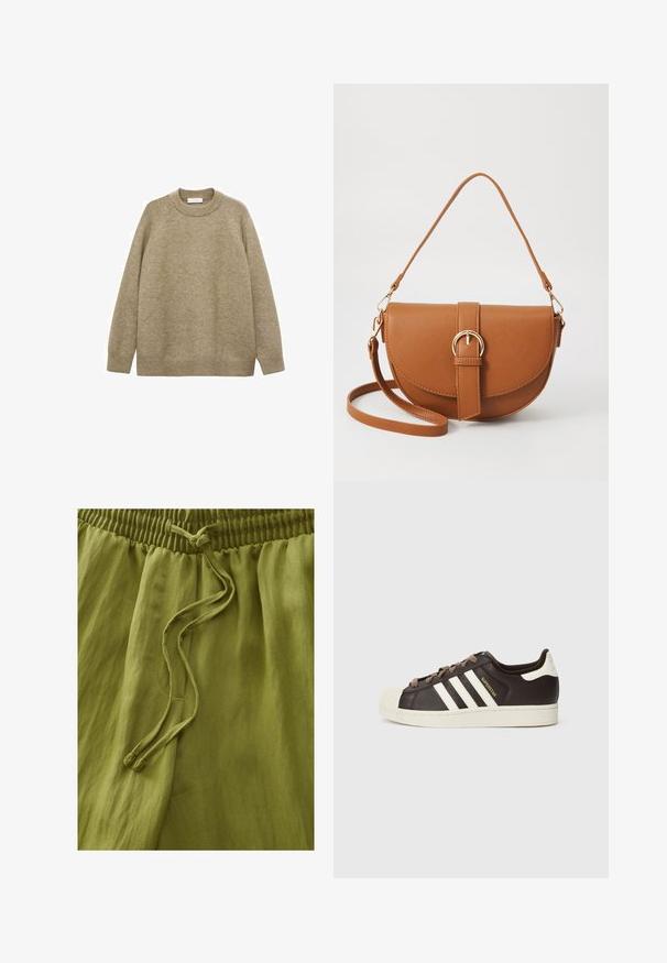 Beige sweater lavet af struktureret strikket stof, med en rund halsudskæring, lange raglanærmer og ribbede kanter og mansjetter.; Olivengrønne bukser lavet af letvægtsstof. Har en elastisk talje og snoretræk. Glat tekstur med blød fald.; Low-top Adidas Superstar-sneaker i mørkebrunt læder med cremefarvet skal-tå, hvide striber og teksten "Superstar" på siden.; Brun læder crossbody taske med en buet form, guldfarvet hardware og en spændeaccent. Har en aftagelig skulderrem.