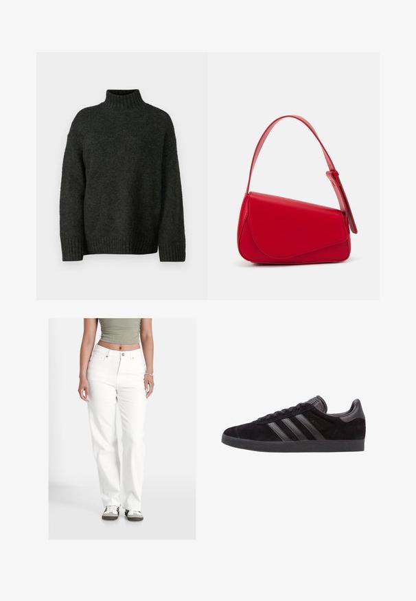 Vero Moda Tall VMMADDIE HIGHNECK PULL - Trui - dark grey melange; Witte denim jeans in een relaxte pasvorm, met een knoopsluiting, vijf zakken en een licht gestructureerd oppervlak. Gecombineerd met casual schoeisel.; Zwarte suède sneakers met een gestructureerde rubberen zool, voorzien van drie zwarte leren strepen, een ronde neus en een gewatteerde enkelsok.; Rode leren handtas met een hoekig, geometrisch ontwerp. Beschikt over een enkele verstelbare schouderriem en een klepclosure met gestikte details.