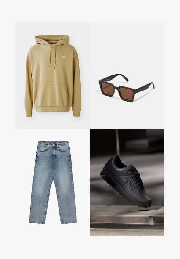 Beige hettegenser laget av myk stoff, med en frontlomme, snor i hetten og en liten hvit Nike-logo på brystet.; Lys blå denimjeans med rett benkutt, synlige sømmer, fem lommers design og knappelukking i livet.; Sorte Nike Air Max joggesko med en teksturert skinnoverdel, gummisåle og fremtredende snøresystem, som viser en strømlinjeformet, moderne design.; Svarte firkantede solbriller med brune linser, med matt overflate og gulldetaljer på rammen. Designet er vinklet med brede stenger.