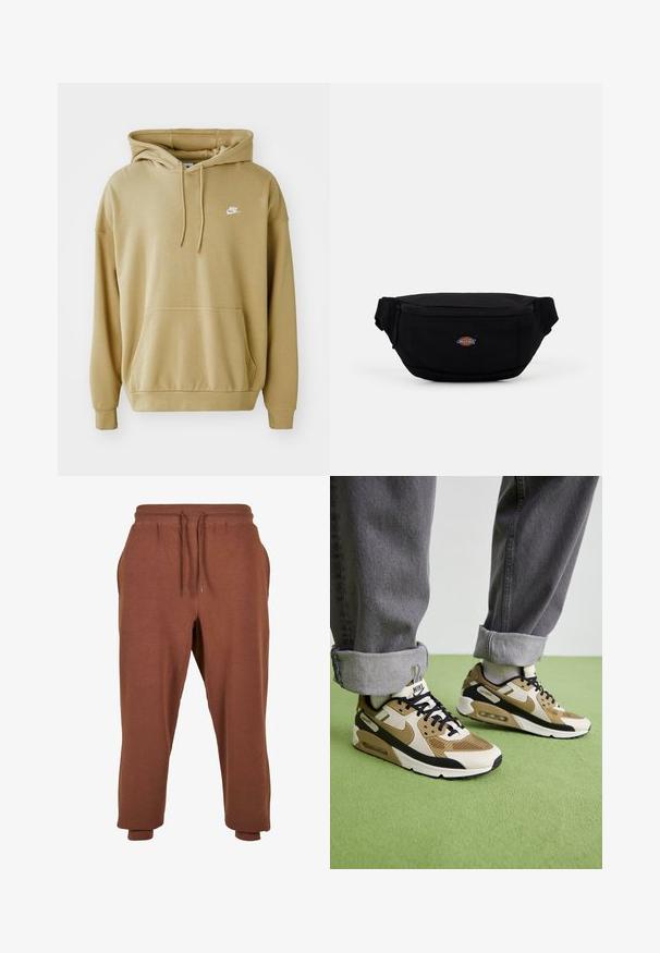 Beige hettegenser laget av myk stoff, med en frontlomme, snor i hetten og en liten hvit Nike-logo på brystet.; Urban Classics Joggebukse - bark; Nike Air Max 90 sko i beige og svart, med mesh- og lærematerialer, synlig demping og svarte snører.; Svart stoffermagn med glidelås, med et lite merke på fronten. Kompakt, rund design med justerbare stropper.