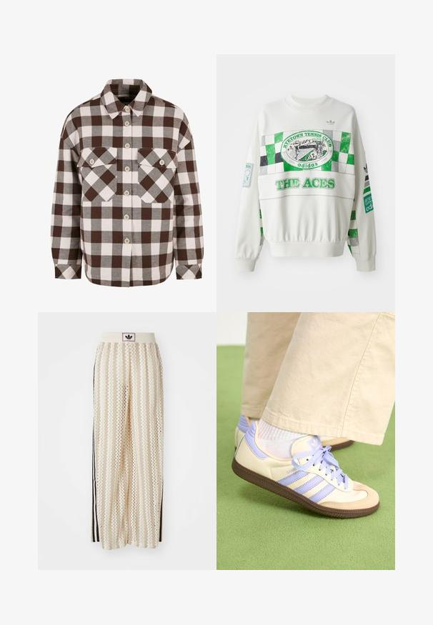 Biała bluza z zielono-szarym wzorem w kratkę, z etykietą "RITETOWN TENNIS CLUB" oraz napisem "THE ACES" z przodu. Elastyczne mankiety.; Brązowa i biała koszula w kratę z guzikami, posiadająca dwie kieszenie na piersiach, klasyczny kołnierzyk i zapięcie na guziki z przodu. Miękka faktura materiału.; Kremowe szerokie spodnie w stylu palazzo z wzorem w zygzak, z czarnym paskiem z logo oraz bocznymi czarnymi paskami. Lekki, teksturowany materiał.; Kremowe i lawendowe trampki z trzema paskami oraz teksturowaną brązową podeszwą, wyposażone w sznurówki i wyścieloną piętę. Górna część z miękkiego materiału.