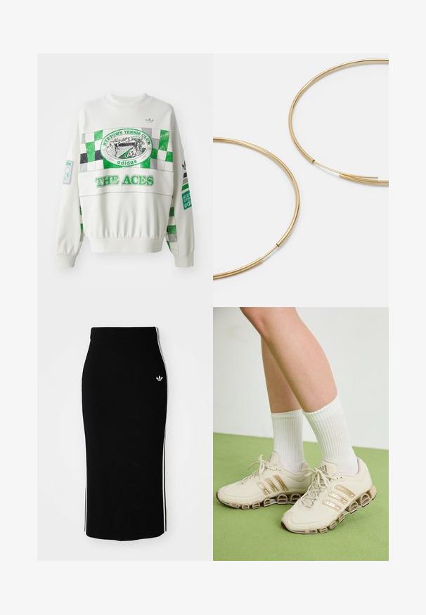 Valge sviiter, millel on roheline ja hall ruuduline muster, "RITETOWN TENNIS CLUB" silt ja "THE ACES" tekst ees. Elastsed varrukad.; Must have ribidega midi seelik, millel on hästi liibuv disain, valgete külgtriipude ja väikese valge embleemiga vasakul küljel.; Beežid spordijalatseid, millel on kuldsed aktsendid, võrkpinna upper ja ainulaadne talladisain. Kombineeritud valgete soonikute sokkidega, paigutatud rohelisele põrandale.; Kulla värvi nõelad, õhukesed ja ümmargused, millel on sile metallist pind ja ilma kaunistuste või mustriteta.