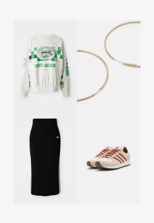Valge sviiter, millel on roheline ja hall ruuduline muster, "RITETOWN TENNIS CLUB" silt ja "THE ACES" tekst ees. Elastsed varrukad.; Must have ribidega midi seelik, millel on hästi liibuv disain, valgete külgtriipude ja väikese valge embleemiga vasakul küljel.; Beige ja punased retro spordijalatsid, millel on kolm punast triipu, tekstuuriga nahk ja võrgusilm, pehmendatud tallad, ümmargune nina.; Kulla värvi nõelad, õhukesed ja ümmargused, millel on sile metallist pind ja ilma kaunistuste või mustriteta.