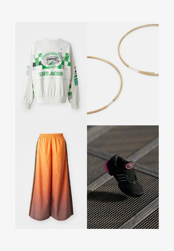 Vit sweatshirt med grön och grå rutigt mönster, etikett "RITETOWN TENNIS CLUB" och texten "THE ACES" på framsidan. Elastiska manschetter.; Oranga gradient vidbenade byxor med en svart sidunist, med elastisk midja och lätt material.; Svart atletisk sko med nätöverdela, rosa accenter och svarta randiga detaljer. Har en texturerad sula och en logotags på hälen.; Guldiga hoopsörhängen, tunna och runda i formen, med en slät metallisk finish utan utsmyckningar eller mönster.