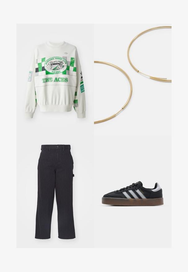 Valge sviiter, millel on roheline ja hall ruuduline muster, "RITETOWN TENNIS CLUB" silt ja "THE ACES" tekst ees. Elastsed varrukad.; Mustra mustriga mustriga mustriga mustriga mustriga, mis on valmistatud tekstuurist kangast, sirge lõikega, nuppude sulgemise ja vöörihmadega.; Mustad mustad tossud, millel on peen disain, kolme valge triibuga, must keel ja tekstureeritud pruun kummist sisetald. Kuldsed kirjatrükise aktsendid.; Kulla värvi nõelad, õhukesed ja ümmargused, millel on sile metallist pind ja ilma kaunistuste või mustriteta.