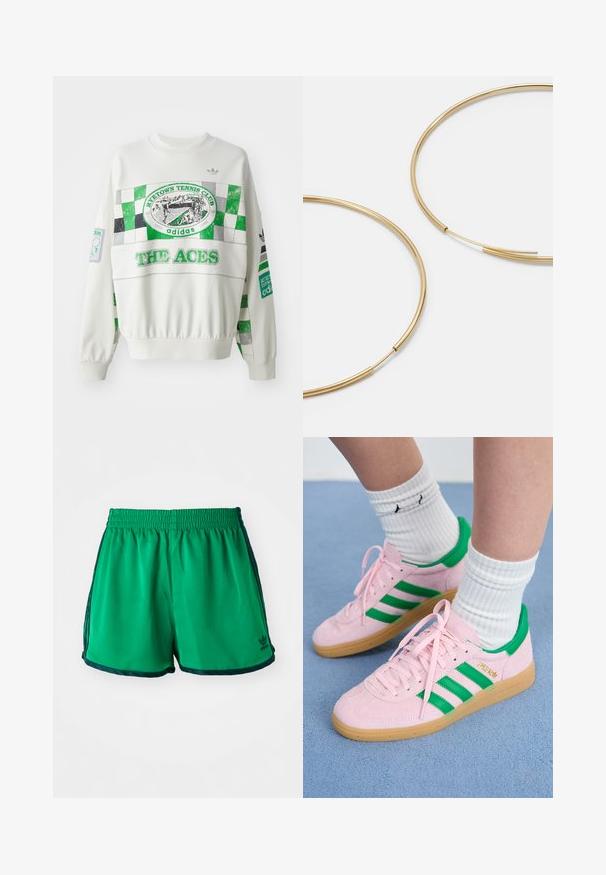Baltas džemperis su žaliu ir pilku čekiu dizainu, priekyje su užrašu „RITETOWN TENNIS CLUB“ ir „THE ACES“. Elastingi rankogaliai.; Žalios sportinės šortai su lygiu paviršiumi, elastinga juosta ir tamsiai žaliais šonų akcentais. Žemiau krašto yra "Adidas" logotipas.; Rožinės suede sportbačiai su žaliais dryžiais ir akcentais, turintys guminį pado. Nešiojami su baltais banguotais kojinėmis. Artimas vaizdas pabrėžia detales.; Aukso spalvos žiedo auskarai, ploni ir apvalūs, su lygiu metaliniu paviršiumi be papuošimų ar raštų.