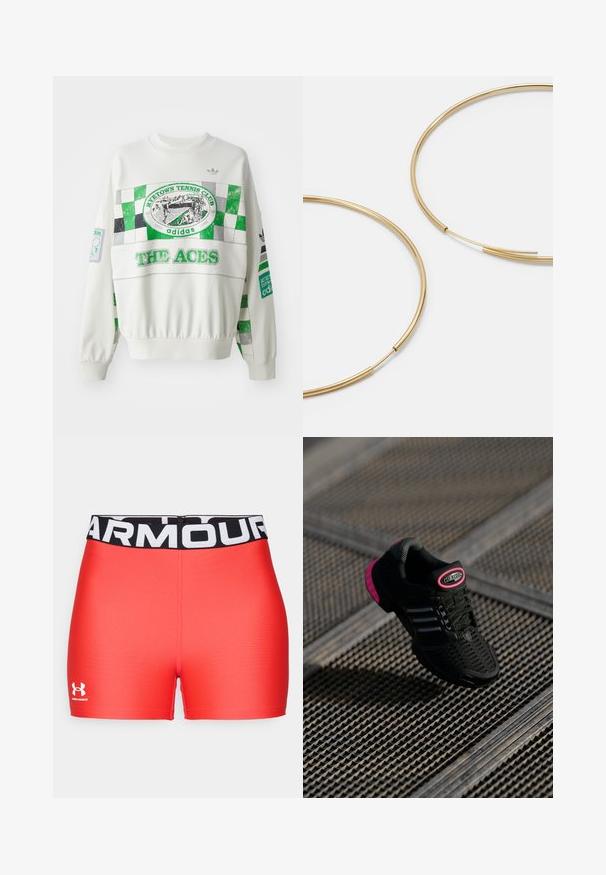 Witte sweatshirt met een groen en grijs schaakbordontwerp, het label "RITETOWN TENNIS CLUB" en de tekst "THE ACES" aan de voorkant. Elastische manchetten.; Rode sportieve shorts met een zwarte tailleband bedrukt met "ARMOUR." Gladde textuur met een geborduurd logo in het wit aan de linksonder.; Zwarte sportieve schoen met een bovenwerk van mesh, roze accenten en zwarte gestreepte details. Beschikt over een gestructureerde buitenzool en een logo-label op de hak.; Gouden oorringen, dun en rond van vorm, met een gladde metallic afwerking en zonder versieringen of patronen.