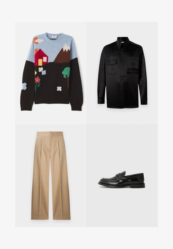 Adīta džemperis ar zilu augšdaļu, melnu apakšu un krāsainiem rakstiem, kuros attēlota māja, kalni, ziedi un mākoņi dažādās krāsās un tekstūrās.; Melna garaiem piedurknēm kreklas, izgatavots no gludas auduma. Iespējo izcilu apkakli, priekšējo pogu aizdari un divas krūšukurvja kabatas ar atloku.; Bēšas platās bikses ar plecu priekšpusi, pielāgotu dizainu un gludu kokvilnas audumu. Iespējas ar plakanu jostasvietu un bez redzamām aizdare.; Melnas ādas loafer kurpes ar noapaļotu purngalu, dekoratīvu izšuvumu un nelielu frontālo atloku. Plakana gumijas zole ar minimālu papēdi.