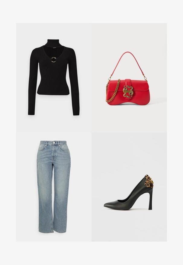 Top de golas alta riscada preta com um decote V profundo e um detalhe circular dourado no peito. Mangas longas com design ajustado.; Jeans de ganga azul claro com corte reto, cintura alta, fecho frontal por botão e design clássico de cinco bolsas. Textura suave com acabamento desbotado.; Sandalhas pretas de couro de salto alto com biqueira pontuda e detalhe em padrão de leopardo na parte de trás, apresentando ferragens em tom de ouro no salto.; Mala de mão em pele vermelha com formato curvado, alça de corrente dourada e fecho adornado com serpente. Textura lisa com detalhes de costura discretos.