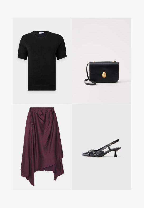 Musta lyhythihainen neulotun työn toppi, jossa on pyöreä pääntie. Hihansuissa ja helmassa hienovaraiset resorikuvioinnit, tehty sileästä kankaasta.; Burgundy, satiiniwrap-hame, jossa on epäsymmetrinen helma, pehmeä drapointi ja sileä rakenne. Ei näkyviä kiinnityksiä tai kuvioita.; Mustat nahkakengät, joissa on avonainen takaosa ja kärjessä terävä muoto, koristevyöt, joissa on metalliset reiät, sekä matala lohkoepohja. Teksturoitu pinta.; Musta nahkakäekott struktureeritud ristküliku kujuga. Varustatud kuldse ovaalse lukuga ja õhukese õlalindiga. Sile tekstuur.; Helmi kukka korvakorut kultaisilla yksityiskohdilla. Jokainen terälehti sisältää pieniä pyöreitä helmiä, jotka on järjestetty kukkamuotoon ja joihin on lisätty roikkuvia helmikoristeita.