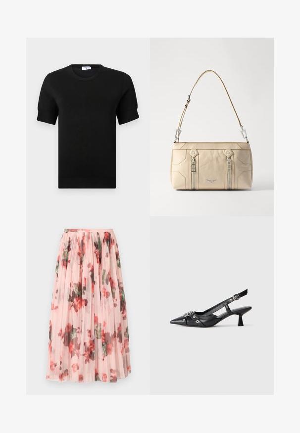 Svart kortärmad stickad topp med rund halsringning. Detaljerad med subtila revär vid ärmar och fåll, tillverkad av ett mjukt och slätt tyg.; Tyllkjol med en mjuk rosa bas, prydd med ett blommönster i rött och grönt. Tyget är genomskinligt med rynkade veck vid midjan.; Svart lädersko med slingback-design, spetsig tå, dekorativa remmar med metallöglor och en låg klack. Texturerad yta.; Beige läderhandväska med silverdetaljer, två sidoglittrar, strukturerad design och en avtagbar rem för mångsidighet.