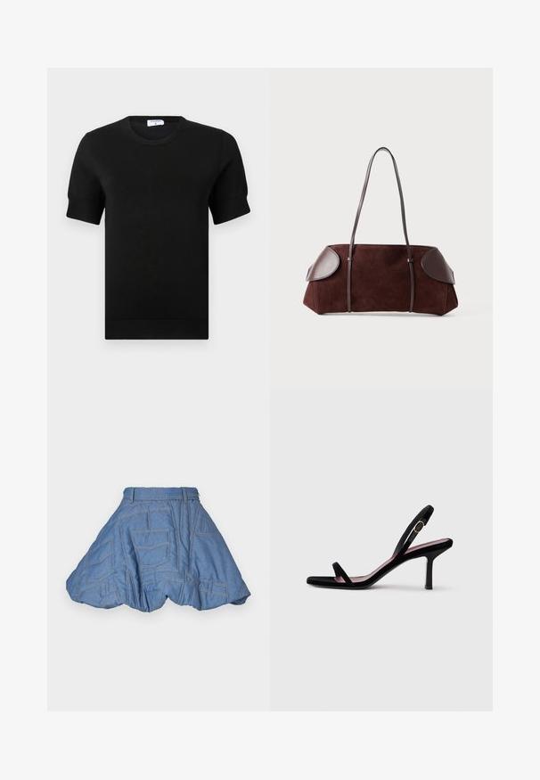 Musta lyhythihainen neulotun työn toppi, jossa on pyöreä pääntie. Hihansuissa ja helmassa hienovaraiset resorikuvioinnit, tehty sileästä kankaasta.; Ksenia Schnaider QUILTED MINI SKIRT - Minihame - light blue; Mustat mokkanahkaiset naisten korkokengät ohuilla remmeillä ja kultaisella soljella valkoista taustaa vasten, sivukuva.; Ruskea mokkavuori laukku nahkaakkosilla, jämäkkä muoto, kaksinkertaiset olkahihnat ja pyöristetyt reunat, joissa on sileä pinta ja minimaalinen varustus.