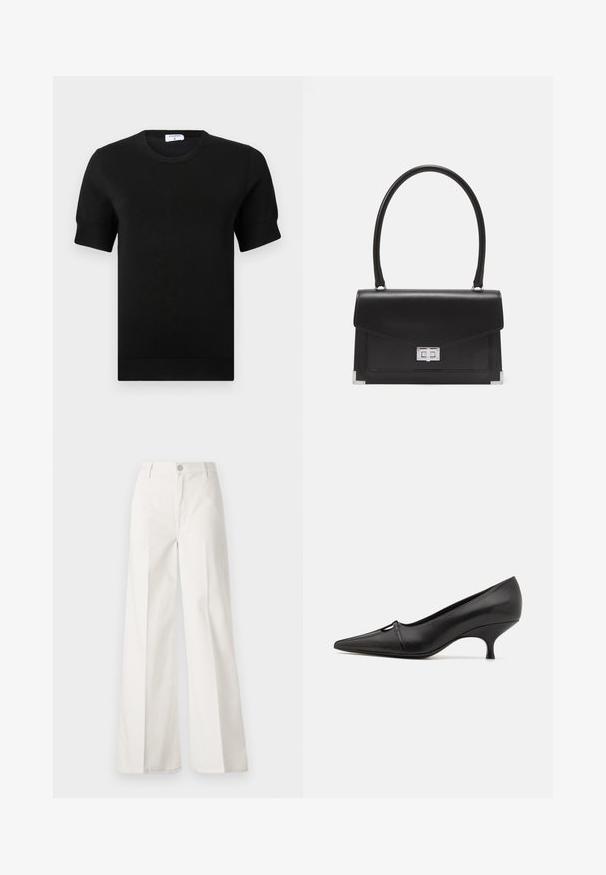 Top negro de manga corta tejido con cuello redondo. Presenta detalles sutiles acanalados en las mangas y el dobladillo, confeccionado con una tela suave.; Pantalones de pierna ancha blancos hechos de algodón con una textura suave. Cuenta con un botón delantero, cremallera y un diseño de cuatro bolsillos.; GIABORGHINI DANA - Tacones - black; Bolso de mano de cuero negro con un diseño estructurado, un asa superior y un broche plateado. Presenta acentos en las esquinas y una textura suave.