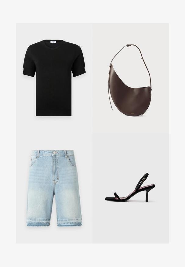 Juoda trumpomis rankovėmis megzta palaidinė su apvalia iškirpte. Rankovėse ir apačioje yra subtilūs ribsavimo akcentai, pagaminta iš lygaus audinio.; Šviesiai mėlyni džinsiniai šortai su nuplyšusiu kraštu, penkių kišenių dizainu ir standartiniu liemeniu su mygtuko uždarymu. Subtiliai išblukę visame paviršiuje.; Juodas zomšinis moteriškas aukštakulnis sandalai su plonais dirželiais ir auksine sagtimi ant balto fono, šoninis vaizdas.; Ruda odinė rankinė, turinti kreivą formą, vieną diržą ir minimalistinį dizainą. Sukurta su subtiliu logotipu ir auksiniais detalėmis.