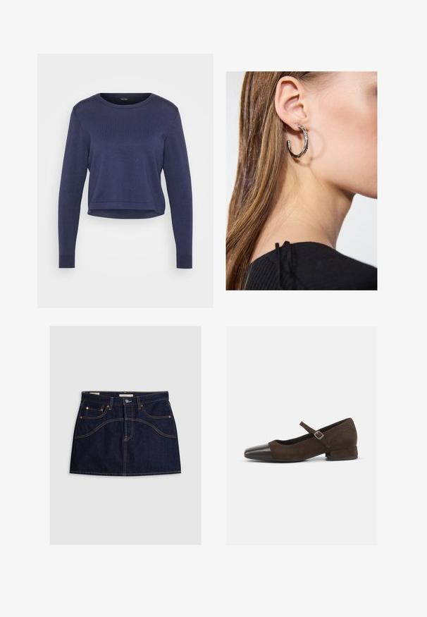 Marineblå kortholdt genser laget av mykt strikkemateriale. Har en rund hals og lange ermer med ribbede mansjetter. Enkelt, stilrent design.; Denimskjørt i mørk indigo med en tettsittende silhuett, fem lommer og kontrasterende gul søm langs sømmene. Metallknappåpning i midjen.; Brune suede Mary Jane-sko med en sort patentlæder tåkap, justerbar rem og lav blokhæl. Glat tekstur med minimale detaljer.; Sølv ringøredob med en polert finish, med små gull detaljer og en rund form, båret på øreflippen.