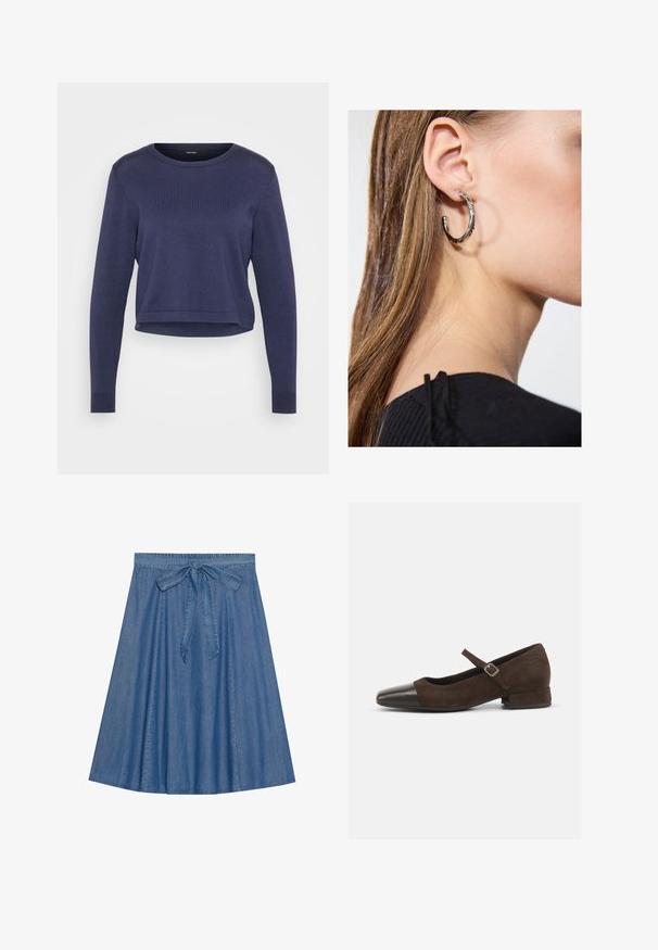 Tamsiai mėlynas trumpas megztinis, pagamintas iš minkštos mezginio medžiagos. Turi apvalų iškirpimą ir ilgomis rankovėmis su raukšlėtomis rankovėmis. Paprastas, elegantiškas dizainas.; Džinsinė sijonas vidutinio mėlynumo atspalvio. Turintis susiraukšlėjusią juosmenį su užrišimo detale. A formos siluetas, lygus tekstūros ir iki kelių ilgio.; Rudos zomšiniai Mary Jane bateliai su juodu patentuotų odos smailiu pirštu, reguliuojama juosta ir žemu blokuotu kulnu. Lygus paviršius su minimaliais akcentais.; Sidabrinė lankinė auskarai su poliruotu paviršiumi, turintys mažus auksinius akcentus ir apvalią formą, dėvimi ant ausies kaušelio.