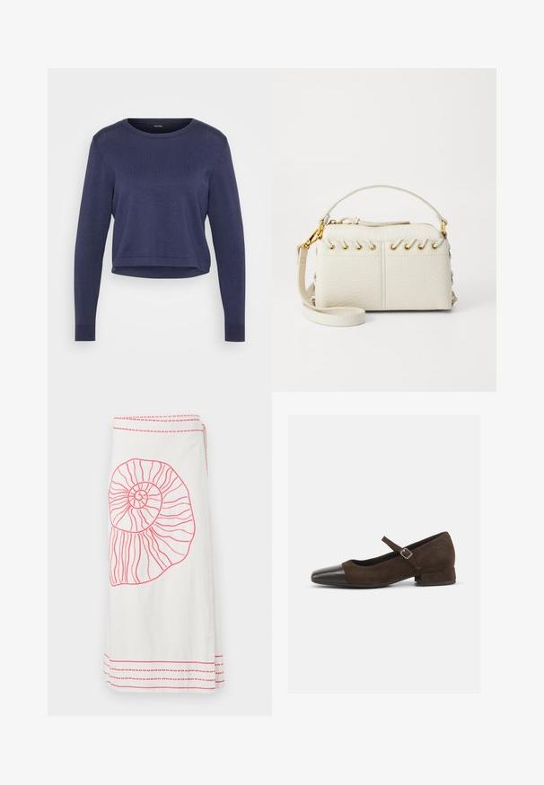 Tengerészkék, rövidített pulóver, puha kötött anyagból készült. Kerek nyakkivágással és hosszú ujjakkal rendelkezik, amelyek bordás passzékkal záródnak. Egyszerű, letisztult dizájn.; Fehér rakottszoknya nagy rózsaszín hímezett náutilusz kagyló mintával és kontrasztos rózsaszín vízszintes csíkkal az alján és a derékrészen.; Barna velúr Mary Jane cipő fekete lakk bőrből készült orr résszel, állítható pánttal és alacsony blokk sarkával. Simább textúra minimális díszítésekkel.; Fehér műbőr kézi táska, felső cipzárral, rövid fogantyúval és levehető keresztpántos vállpánttal, arany színű fémrészletekkel. Oldalsó fűzés részlet.; Ez egy ezüst fülbevaló, sima felülettel, amelyen apró arany díszítőelemek találhatók. Kerek formájú és a fülcimpán viselik.