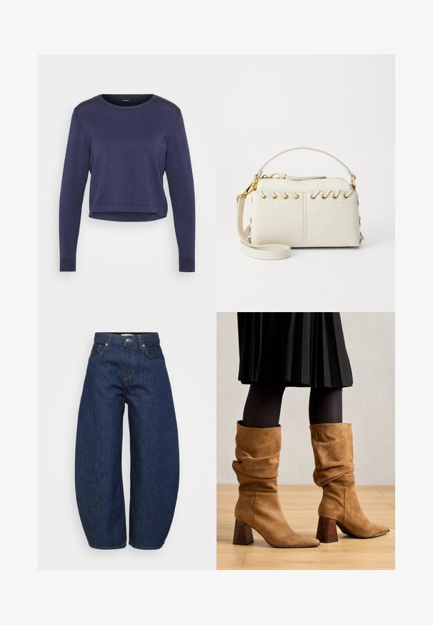 Granatowy, krótkowłosy sweter z miękkiego materiału dzianinowego. Posiada okrągły dekolt i długie rękawy z ribbowymi mankietami. Prosty, elegancki design.; Ciemnoniebieskie dżinsy o szerokim, luźnym kroju. Posiadają zamek błyskawiczny, cztery kieszenie oraz kontrastowe przeszycia wzdłuż szwów.; Brązowe zamszowe botki z luźnym fasonem sięgające kostki, z ostrymi noskami i drewnianymi obcasami. Noszone z czarnymi rajstopami i plisowaną czarną spódnicą.; Biała torebka z sztucznej skóry z górnym zamkiem błyskawicznym, krótkim uchwytem oraz odpinanym paskiem na ramię z okuciami w kolorze złotym. Szczegóły w postaci sznurków po bokach.; Srebrny kolczyk w kształcie koła z polerowanym wykończeniem, z małymi złotymi akcentami, noszony na płatku ucha.