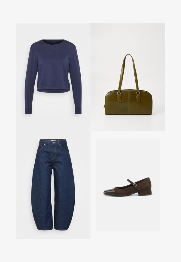 Suéter corto azul marino hecho de material de punto suave. Presenta un escote redondo y mangas largas con puños acanalados. Diseño simple y elegante.; Vaqueros de denim azul oscuro con un corte ancho y relajado. Presentan cierre de cremallera, cuatro bolsillos y costuras en contraste a lo largo de las costuras.; Zapato Mary Jane de ante marrón con una puntera de charol negro, correa ajustable y un tacón bajo. Textura suave con acentos mínimos.; Bolso de mano de cuero verde oliva con forma redondeada, asas dobles y parte frontal sin costuras. Presenta una textura suave y sutiles detalles de costura.; Pendiente de aro de plata con un acabado pulido, que presenta pequeños detalles en dorado y una forma redonda, llevado en el lóbulo.