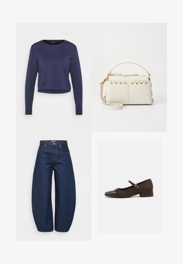 Pull court bleu marine en maille douce. Il a un col rond et des manches longues avec des poignets côtelés. Design simple et épuré.; Jean en denim bleu foncé avec un design décontracté à jambes larges. Comprend cinq poches, un bouton à braguette et des coutures contrastantes.; Chaussure Mary Jane en daim marron avec un embout en cuir verni noir, bride ajustable et un petit talon carré. Texture lisse avec de minimalistes accents.; Sac à main en simili cuir blanc avec une fermeture éclair sur le dessus, une courte poignée et une bandoulière amovible avec des détails en métal doré. Détail de laçage sur le côté.; Boucle d'oreille en argent avec une finition polie, présentant de petits détails en or et de forme ronde, portée sur le lobe.