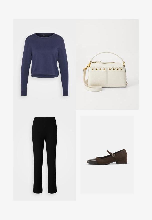 Marineblå kortholdt genser laget av mykt strikkemateriale. Har en rund hals og lange ermer med ribbede mansjetter. Enkelt, stilrent design.; Svarte ribbestrikkede bukser med elastisk midjebånd, har en tettsittende silhuett, rette ben og subtil tekstur.; Brune suede Mary Jane-sko med en sort patentlæder tåkap, justerbar rem og lav blokhæl. Glat tekstur med minimale detaljer.; Hvit faux lær håndveske med glidelås på toppen, kort håndtak og avtakbar crossbody stropp med gulltone hardware. Side snøring detalj.; Sølv ringøredob med en polert finish, med små gull detaljer og en rund form, båret på øreflippen.