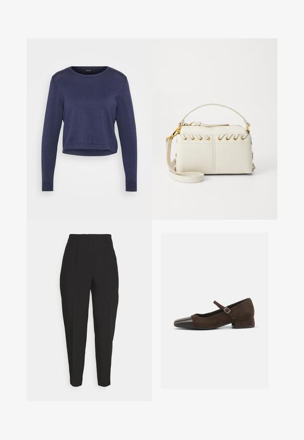 Pull court bleu marine en maille douce. Il a un col rond et des manches longues avec des poignets côtelés. Design simple et épuré.; Des pantalons noirs ajustés présentent une taille haute, des plis avant, des jambes fuselées et une texture lisse. Fabriqués dans un tissu léger, sans fermetures visibles.; Chaussure Mary Jane en daim marron avec un embout en cuir verni noir, bride ajustable et un petit talon carré. Texture lisse avec de minimalistes accents.; Sac à main en simili cuir blanc avec une fermeture éclair sur le dessus, une courte poignée et une bandoulière amovible avec des détails en métal doré. Détail de laçage sur le côté.; Boucle d'oreille en argent avec une finition polie, présentant de petits détails en or et de forme ronde, portée sur le lobe.
