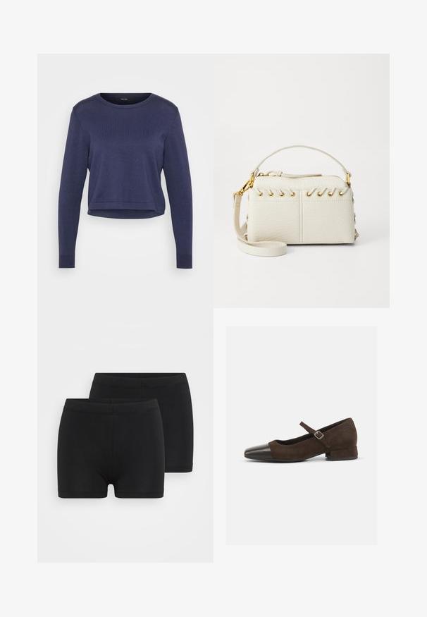 Námorníckomodrý krátky sveter vyrobený z jemného pleteného materiálu. Má okrúhly výstrih a dlhé rukávy s rebrovanými manžetami. Jednoduchý, elegantný dizajn.; Čierne bavlnené šortky s elastickým pásom, s hladkou textúrou a jednoduchým, aerodynamickým dizajnom. Balenie obsahuje dva kusy.; Hnedé semišové topánky typu Mary Jane s čiernym lakovaným špičkovým krytom, nastaviteľným remienkom a nízkym blokovým podpätkom. Hladká textúra s minimálnymi akcentmi.; Biela kabelka z imitácie kože s vrchným zipsom, krátkym uchom a odnímateľným crossbody popruhom so zlatými kovovými detailmi. Bočné šnurovanie.; Strieborná kruhová náušnica s lesklým povrchom, obsahujúca malé zlaté akcenty a okrúhly tvar, nosená na lalôčiku ucha.
