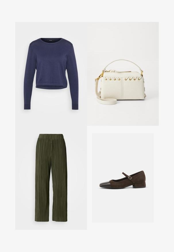 Tumedat sinine lühiainen kudum, mis on valmistatud pehmest kudumismaterjalist. Omab ümmargust kaelust ja pikki varrukaid ribatud mansettidega. Lihtne ja stiilne disain.; Oliivrohelised volditud püksid laiu jala disainiga, millel on elastne vöökoht ja vertikaalne tekstuur kogu kanga ulatuses.; Pruun nubukist Mary Jane sandaal musta lakknahaga varvaga, reguleeritava rihmaga ja madala plokknähtud kontsaga. Sile tekstuur ja minimaalsed aktsendid.; Valge kunstnahast kott, millel on ülemine tõmblukk, lühike käepide ja eemaldatav ristkeha rihm kuldsete detailidega. Külgade lacing detail.; Hõbedane rõngas kõrvarõngas poleeritud viimistlusega, millel on väikesed kuldsed aktsendid ja ümmargune kuju, kantud lobus.