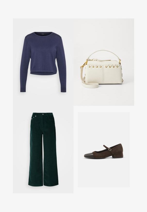 Námorníckomodrý krátky sveter vyrobený z jemného pleteného materiálu. Má okrúhly výstrih a dlhé rukávy s rebrovanými manžetami. Jednoduchý, elegantný dizajn.; Široké manžety z kordurovej látky tmavozelenej farby. Majú horizontálnu rebrovanú textúru, predné vrecká a zapínanie na gombík s výraznými značkovými prvkami.; Hnedé semišové topánky typu Mary Jane s čiernym lakovaným špičkovým krytom, nastaviteľným remienkom a nízkym blokovým podpätkom. Hladká textúra s minimálnymi akcentmi.; Biela kabelka z imitácie kože s vrchným zipsom, krátkym uchom a odnímateľným crossbody popruhom so zlatými kovovými detailmi. Bočné šnurovanie.; Strieborná kruhová náušnica s lesklým povrchom, obsahujúca malé zlaté akcenty a okrúhly tvar, nosená na lalôčiku ucha.