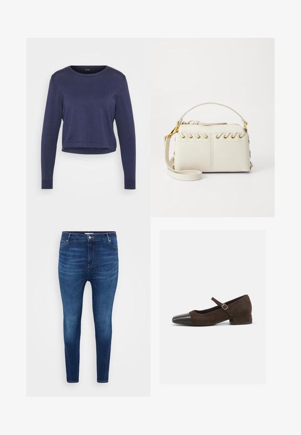 Navy blue cropped sweater made of soft knit material. Features a round neckline and long sleeves with ribbed cuffs. Simple, sleek design.; Dark blue skinny jeans with front pockets, belt loops, and a button fastening on a plain light background.; Brown suede Mary Jane shoe with a black patent leather toe cap, adjustable strap, and a low block heel. Smooth texture with minimal accents.; White faux leather handbag featuring a top zipper, a short handle, and a removable crossbody strap with gold-tone hardware. Side lacing detail.; Silver hoop earring with a polished finish, featuring small gold accent details and a round shape, worn on the lobe.