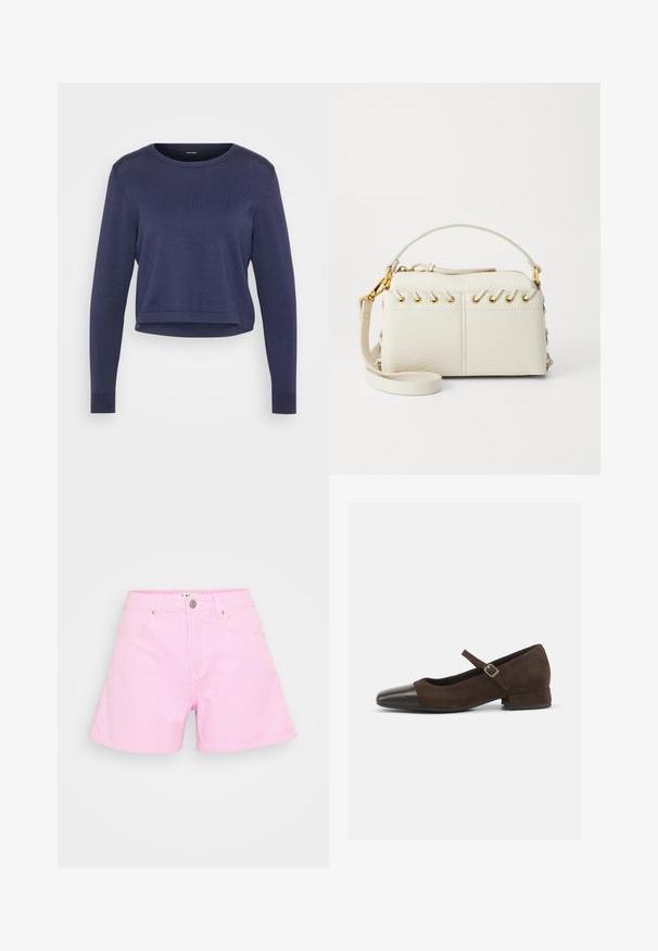 Tamno plavi skraćeni pulover izrađen od mekanog pletenog materijala. Ima okrugli izrez i duge rukave sa rebrastim manžetama. Jednostavan, elegantan dizajn.; Roze prugaste kratke hlače od laganog materijala, s kopčanjem na dugme, dvije prednje džepove i opuštenim krojem za udobnost.; Smeđi nubuk Mary Jane cipele s crnim lakiranim vrhom, podesivim trakama i niskom blok petom. Glatka tekstura s minimalnim detaljima.; Bijela torba od umjetne kože s gornjim zatvaračem, kratkom ručkom i uklonjivim remenom za crossbody s zlatnim detaljima. Bočni vezni detalj.; Srebrna kružna naušnica s poliranim završetkom, koja ima male zlatne detalje i okrugli oblik, nošena na uhu.