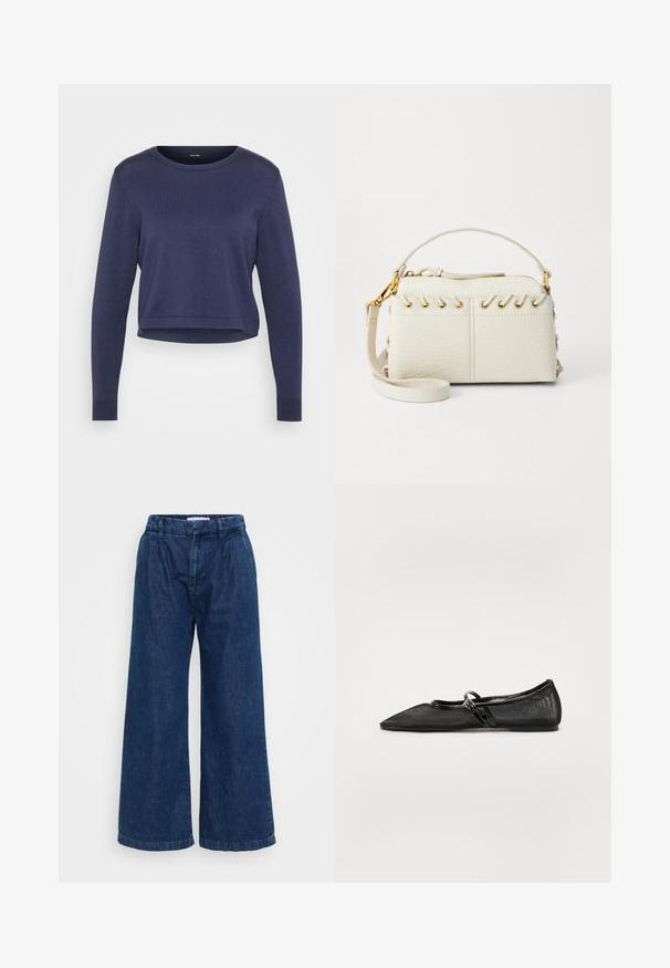 Tumedat sinine lühiainen kudum, mis on valmistatud pehmest kudumismaterjalist. Omab ümmargust kaelust ja pikki varrukaid ribatud mansettidega. Lihtne ja stiilne disain.; Tumedat sinised laiad püksid. Omavad elastset vööd, laia lõiget ning minimaalset õmblust detailideks alläärel.; Mustade lameershoed, millel on terav nina, võrgust ülemine osa ja läikivad nahast aktsendid. Omab õhukest rihma, millel on ringikujuline riistvara detail.; Valge kunstnahast kott, millel on ülemine tõmblukk, lühike käepide ja eemaldatav ristkeha rihm kuldsete detailidega. Külgade lacing detail.; Hõbedane rõngas kõrvarõngas poleeritud viimistlusega, millel on väikesed kuldsed aktsendid ja ümmargune kuju, kantud lobus.