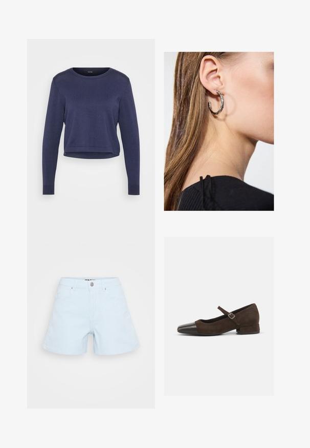 Pull court bleu marine en maille douce. Il a un col rond et des manches longues avec des poignets côtelés. Design simple et épuré.; Shorts rayés bleu clair en coton, dotés d'un design à cinq poches, d'une fermeture à bouton sur le devant et d'une coupe classique.; Chaussure Mary Jane en daim marron avec un embout en cuir verni noir, bride ajustable et un petit talon carré. Texture lisse avec de minimalistes accents.; Boucle d'oreille en argent avec une finition polie, présentant de petits détails en or et de forme ronde, portée sur le lobe.