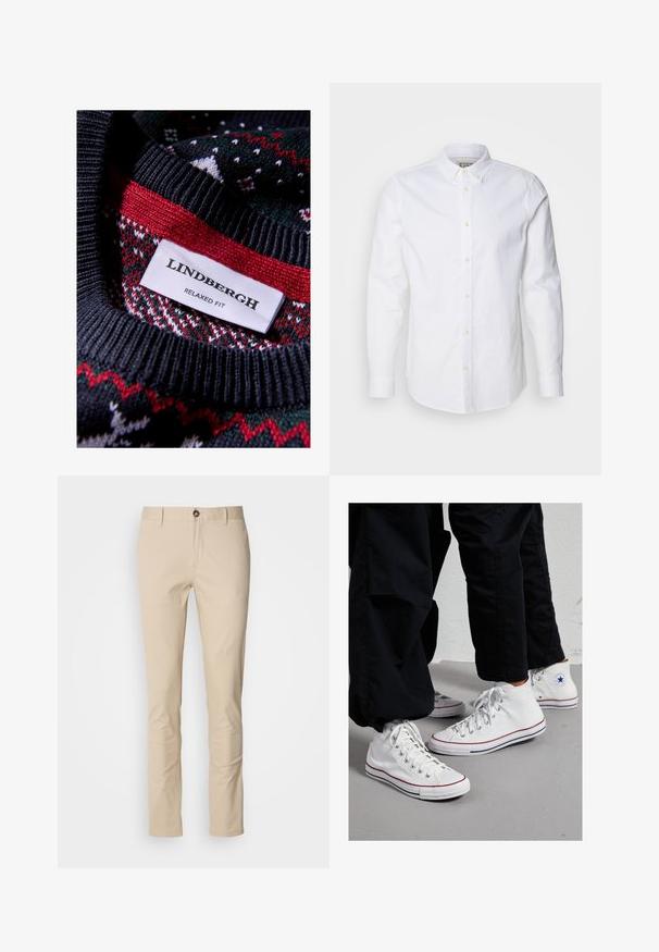 Schwarzer Strickpullover mit einem texturierten Muster und roten sowie grünen Akzenten. Das Etikett trägt die Aufschrift "LINDBERGH RELAXED FIT."; Weiße Langarm-Hemden aus Baumwolle mit strukturiertem Kragen, dezenter Logo-Stickerei und hellbraunen Knöpfen.; Beige Baumwollhose im Slim Fit mit Knopfverschluss, subtiler Textur und klassischen Taschen. Schlichtes Design, ohne Muster oder Akzente.; Weiße Canvas High-Top-Sneaker mit Gummisohle, ausgestattet mit silbernen Ösen und roten sowie marineblauen Streifen entlang der Sohle.