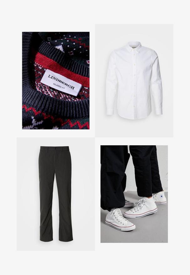 Mustalla neulotulla villapaidalla, jossa on tekstuuri ja punaisia ja vihreitä yksityiskohtia. Etiketissä lukee "LINDBERGH RELAXED FIT."; Valkoinen pitkähihaista nappipaitaa puuvillasta, jossa on rakenteellinen kaulus, hillitty logon brodeeraus ja vaaleanruskeat napit.; Mustat pinstripe-housut suoran leikkauksen kanssa. Ominaisuuksiin kuuluu sileä pinta, etunappi suljenta ja vyölenkit.; Valkoiset kankaiset korkeat tennarit, joissa on kumipohja, hopeiset silmukat ja punaiset sekä laivastonsiniset raidat pohjan ympärillä.