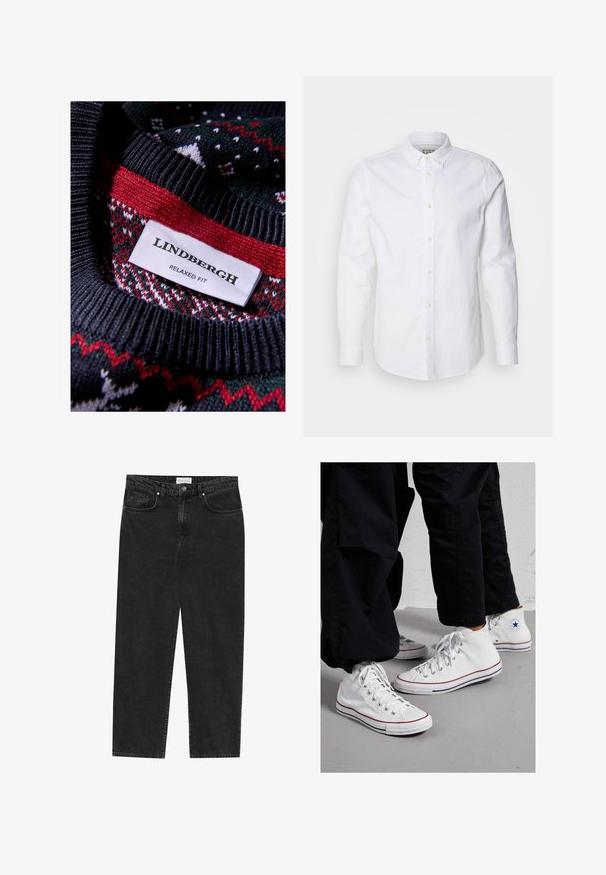 Svart strikket genser med et teksturert mønster med røde og grønne detaljer. Merket viser "LINDBERGH RELAXED FIT."; Hvit langermet skjorte med knapper laget av bomull, med strukturert krage, subtilt logo broderi, og lysebrune knapper.; Sorte denimjeans med rett ben, fem lommer, knappelukking og subtilt falmet tekstur. Har sømdetaljer ved sømmene.; Hvite kanvas høye sneakers med gummisåle, med sølvøyler og røde samt marineblå striper langs sålen.