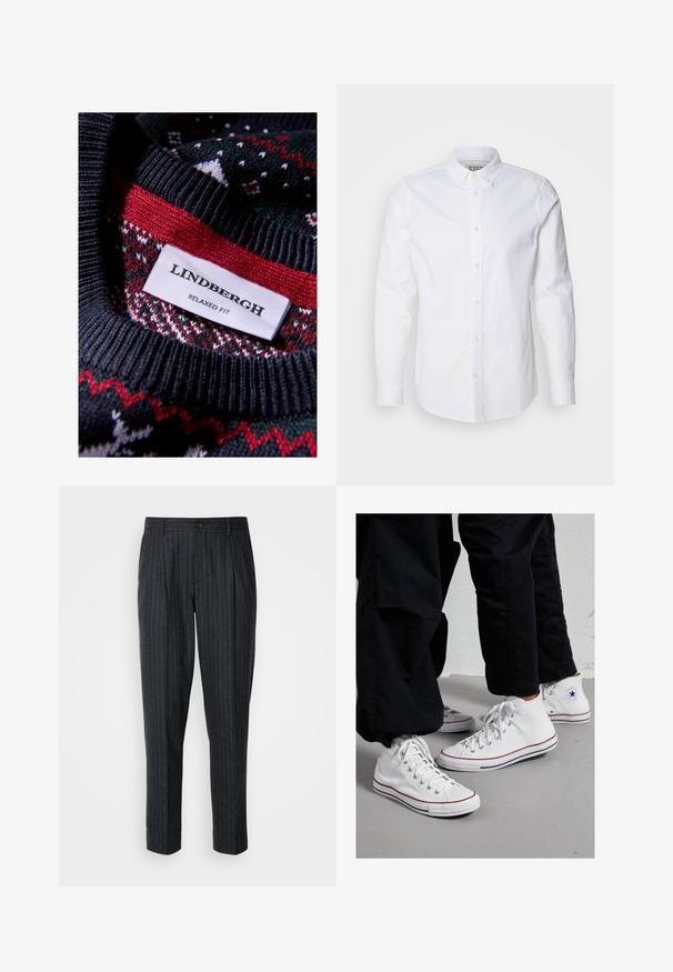 Black knitted sweater featuring a textured pattern with red and green accents. Label reads "LINDBERGH RELAXED FIT."; White long-sleeve button-up shirt made of cotton, featuring a structured collar, subtle logo embroidery, and light tan buttons.; Tailored trousers in dark gray fabric with thin vertical stripes; features a button closure and pleated front design.; White canvas high-top sneakers with a rubber sole, featuring silver eyelets and red and navy stripes along the sole.