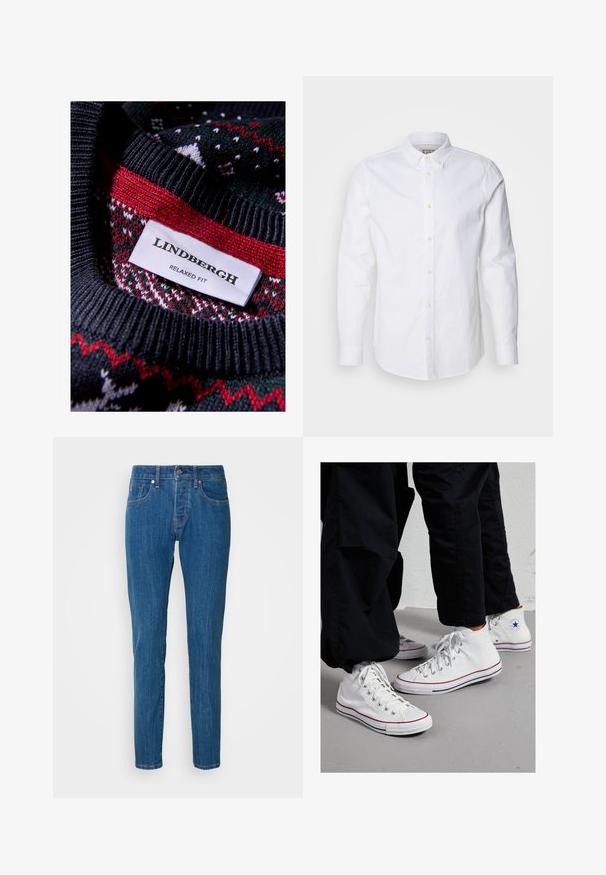 Maglione nero a maglia con un motivo testurizzato e dettagli rossi e verdi. L'etichetta riporta "LINDBERGH RELAXED FIT."; Camicia bianca a maniche lunghe con bottoni, realizzata in cotone, con colletto strutturato, ricamo del logo discreto e bottoni color beige chiaro.; Jeans dritti blu in denim, con un design a cinque tasche standard, chiusura con bottone e un leggero sbiadimento lungo le gambe.; Sneakers alte in tela bianca con suola in gomma, dotate di occhielli in argento e strisce rosse e blu lungo la suola.