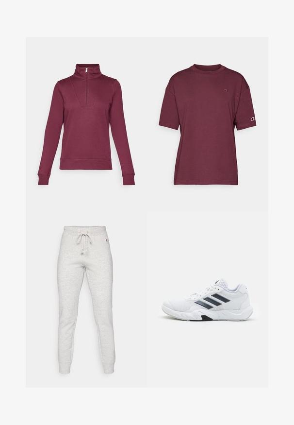 Sudadera de color marrón burdeos con cuello de media cremallera, mangas largas y puños acanalados. Presenta un detalle en la parte delantera y una textura de tela suave.; Camiseta de manga corta borgoña hecha de algodón suave, con cuello redondo y detalle del logo en el lado izquierdo del pecho y en la manga.; Pantalones deportivos grises de mezcla de algodón suave, con una cinturilla elástica con cordón y puños acanalados. Marca mínima en el lateral.; Zapatilla deportiva blanca con parte superior de malla, tres franjas negras a los lados, acentos texturizados y una suela de goma resistente con una sección negra en contraste.