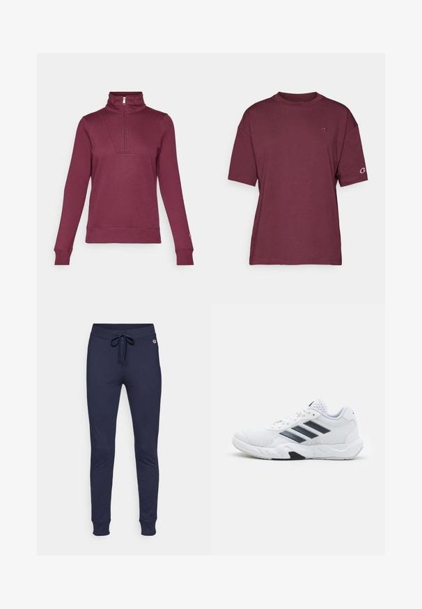 Bordeaux farvet pullover sweatshirt med halv-zip krave, lange ærmer og ribbede manchetter. Har en frontindsatsdetalje og en blød stoftekstur.; Bordeaux kortærmet t-shirt lavet af blød bomuld, med rund halsudskæring og logo detajle på venstre bryst og ærme.; Marinen sweatpants med snoretræk i taljen, tætsiddende ben og ribbede manchetter. Lavet af blødt, strækbart stof med et lille logo på hoften.; Hvid atletisk sko med mesh-overdel, tre sorte striber på siden, strukturerede accenter og en robust gummisål med et kontrasterende sort område.