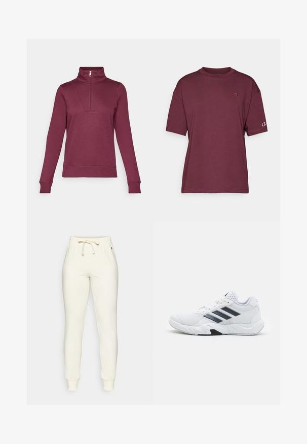 Burgundy huvtröja med halvdragkedja, långa ärmar och ribbade muddarmar. Har en insets detalj framtill och mjuk tygkvalitet.; Burgundy t-shirt med kort ärm i mjuk bomull, med rund halsringning och logotypdetalj på vänster bröst och ärm.; Krämfärgade sweatshirtbyxor med elastisk midja och dragsko, med ribbade mudd och en liten logotyp på sidan. Mjuk, slät textur.; Vit sportskor med mesh-överdel, tre svarta ränder på sidan, texturerade detaljer och en stadig gummisula med en kontrasterande svart del.